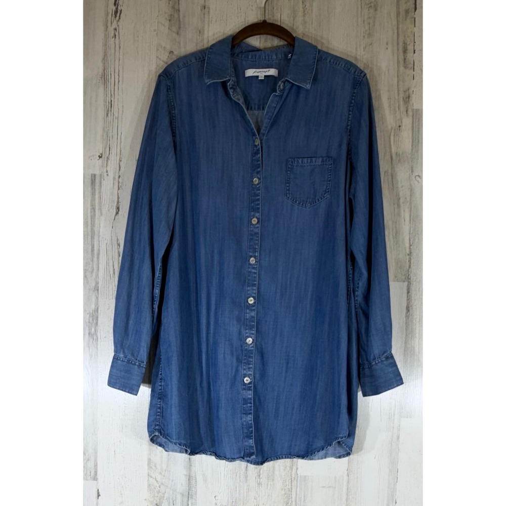 Foxcroft NYC Button Up Tunic Shirt 12 Chambray Tencel Lyocell Coastal Minimalist